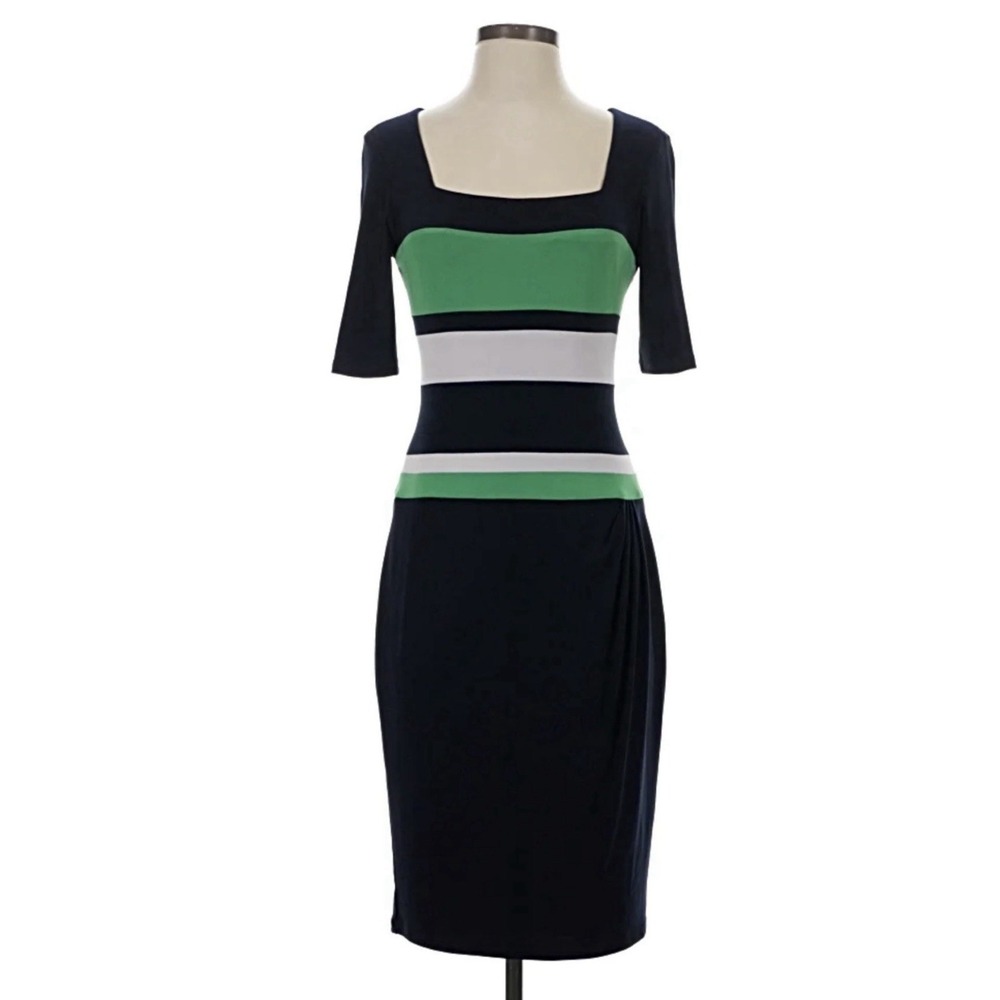 Lauren Ralph Lauren Dress Sz-14 Colorblock Green & Blue Knit Fitted Zip